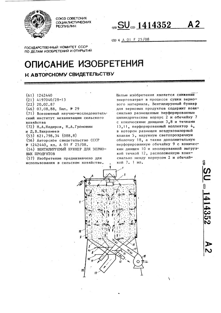 Вентилируемый бункер для зерновых продуктов (патент 1414352)