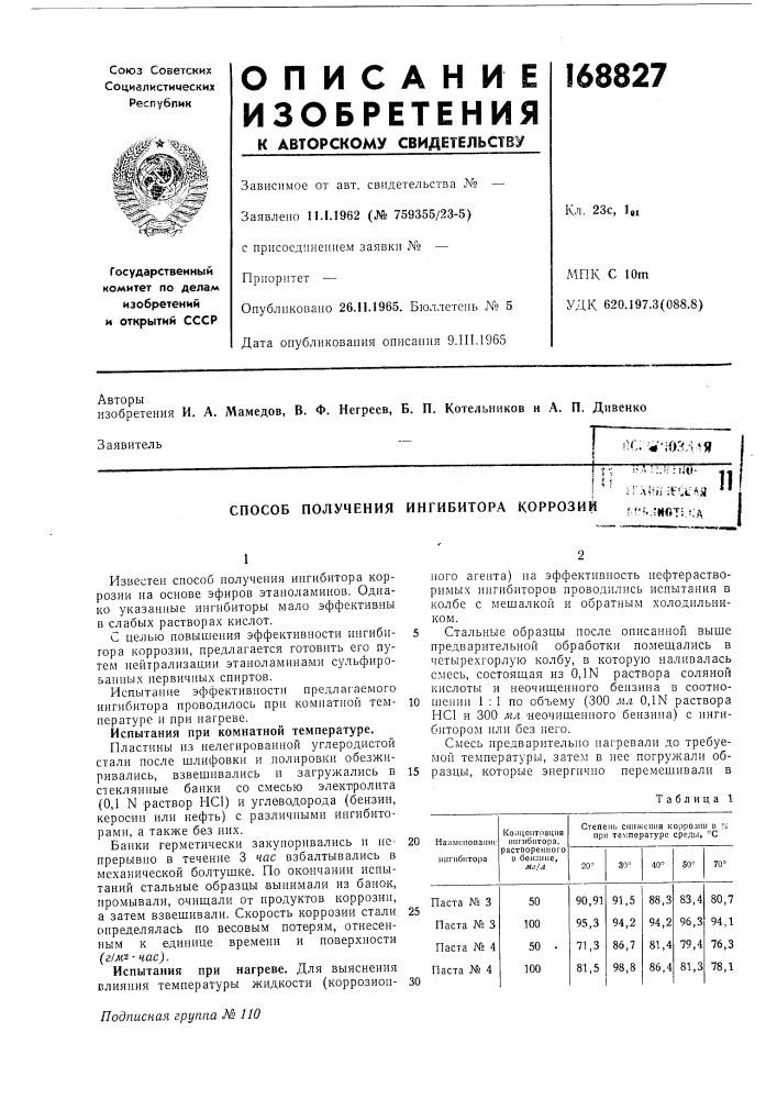 Способ получения ингибитора коррозии м-!. гк«тг. д (патент 168827)