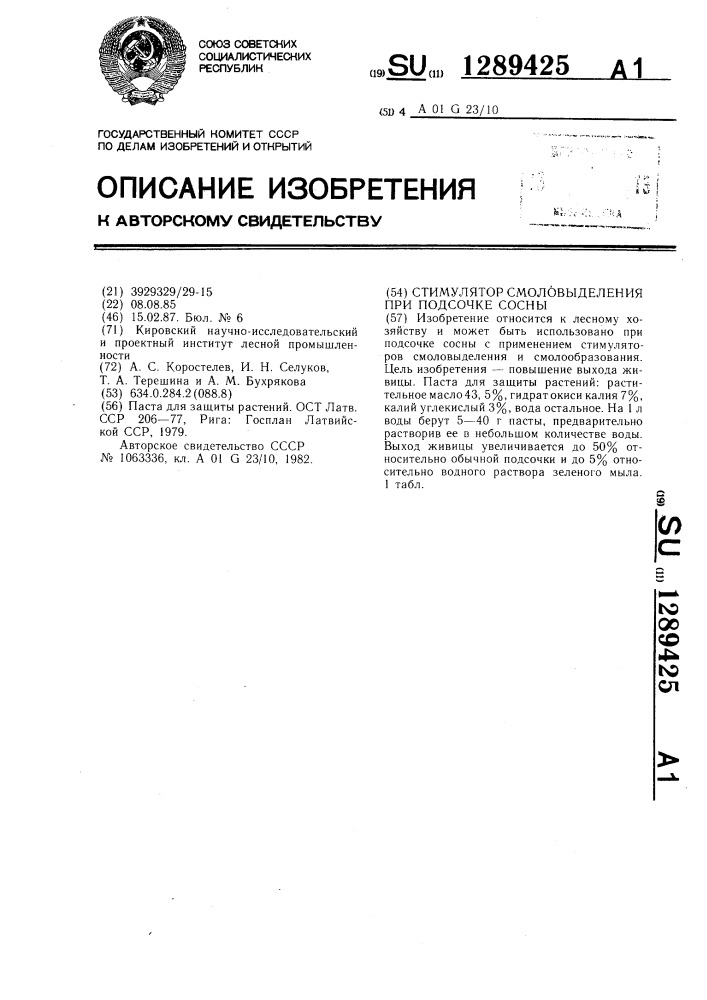 Стимулятор смоловыделения для подсочки сосны (патент 1289425)