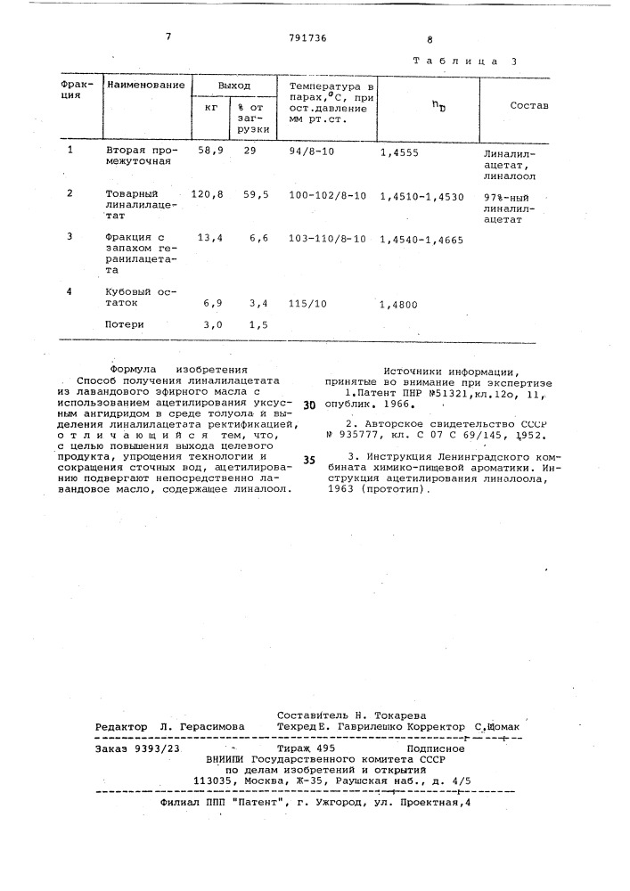 Способ получения линалилацетата из лавандового эфирного масла (патент 791736)