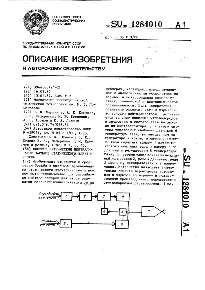 Пневмоэлектрический нейтрализатор зарядов статического электричества (патент 1284010)