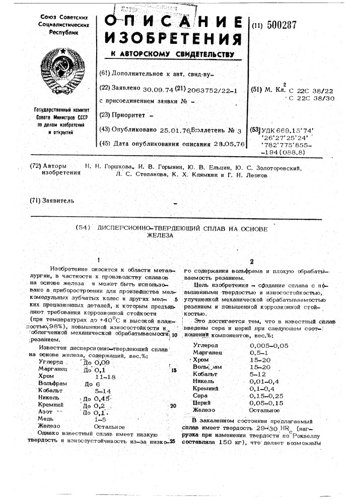 Дисперсионно-твердеющий сплав на основе железа (патент 500287)