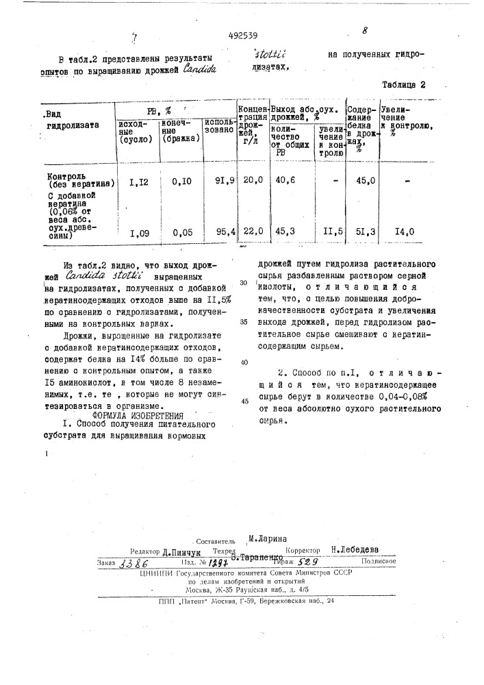 Способ получения питательного субстрата для выращивания кормовых дрожжей (патент 492539)