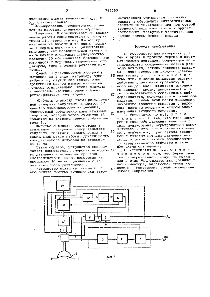 Устройство для измерения давления крови в протезе сердца с пневматическим приводом (патент 766593)