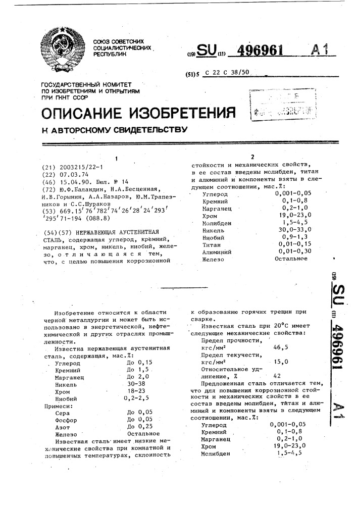 Нержавеющая аустенитная сталь (патент 496961)