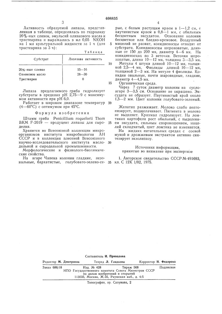 Штамм гриба продуцент липазы для сыроделия (патент 608835)