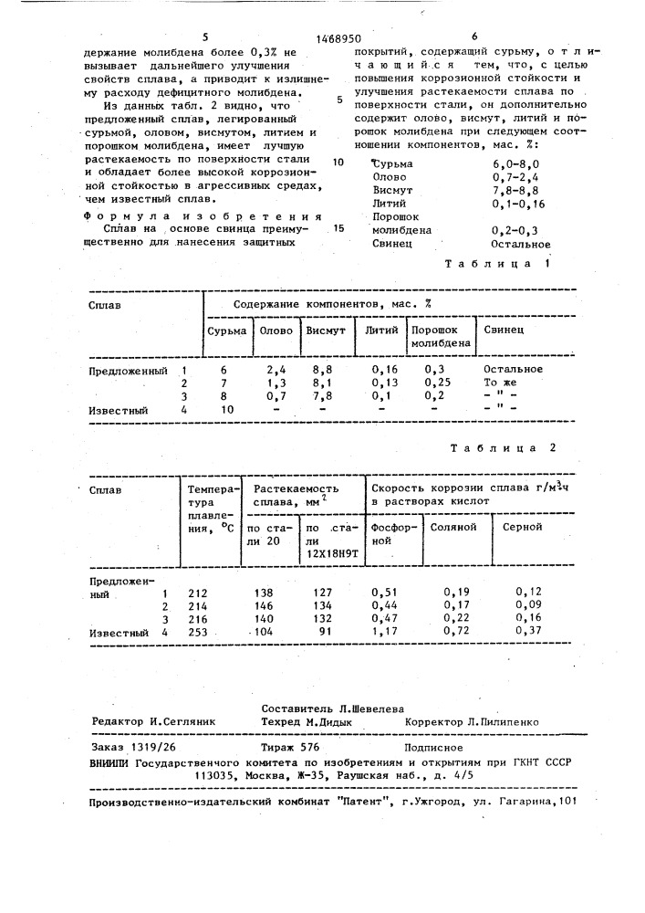 Сплав на основе свинца (патент 1468950)