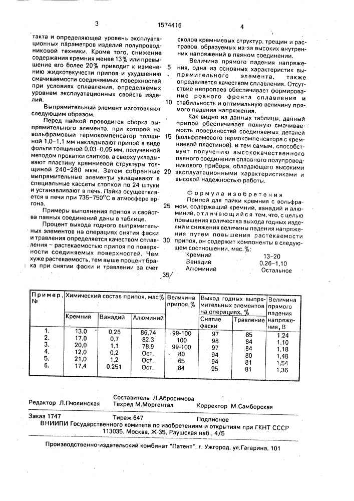 Припой для пайки кремния с вольфрамом (патент 1574416)