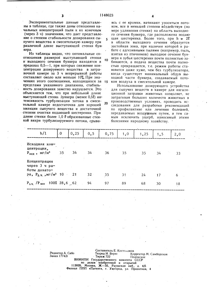 Дозирующее устройство для сыпучих веществ при ингаляционной затравке животных (патент 1148623)
