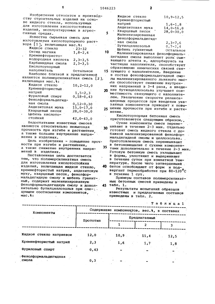 Полимерсиликатная смесь для изготовления кислотостойких изделий (патент 1046223)