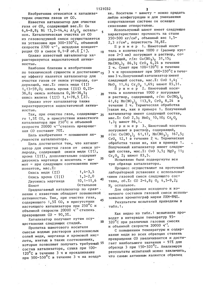 Катализатор для очистки газов от окиси углерода (патент 1121032)