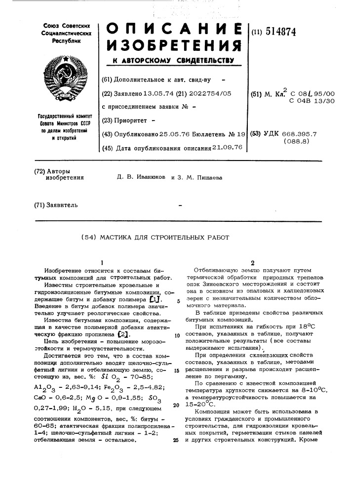 Мастика для строительных работ (патент 514874)