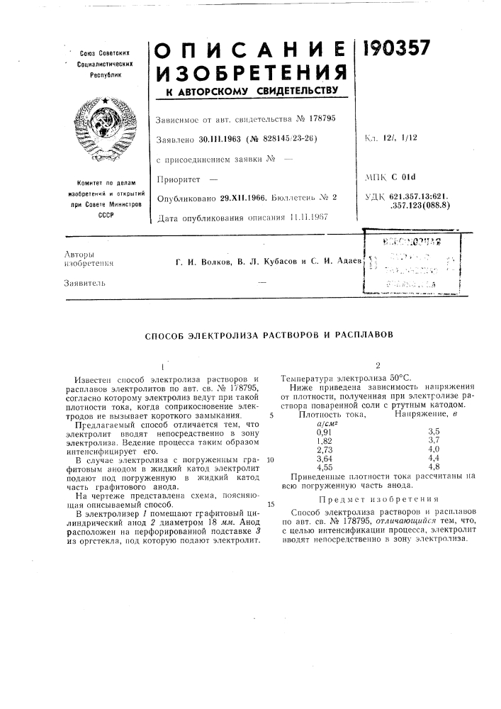 Способ электролиза растворов и расплавов (патент 190357)