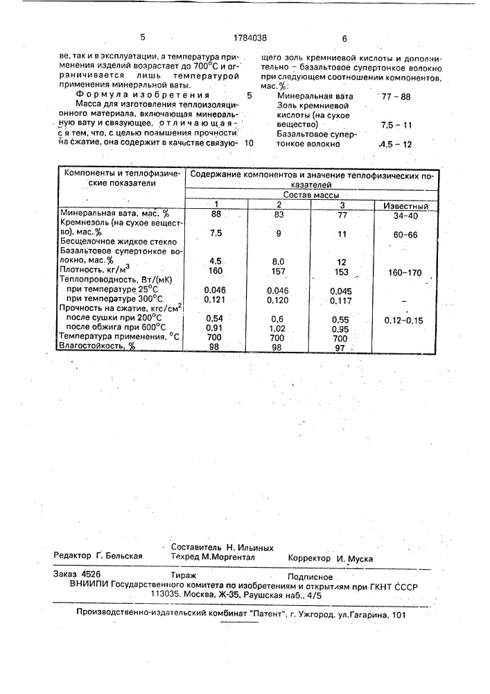 Масса для изготовления теплоизоляционного материала (патент 1784038)