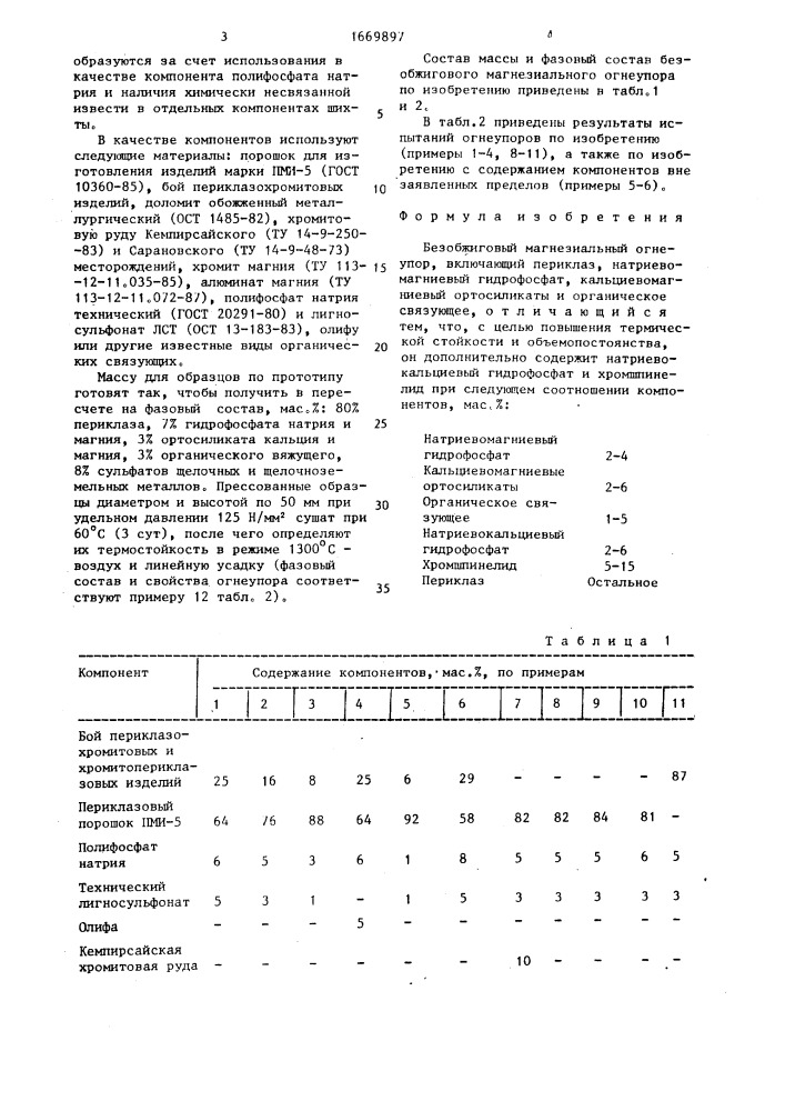 Безобжиговый магнезиальный огнеупор (патент 1669897)