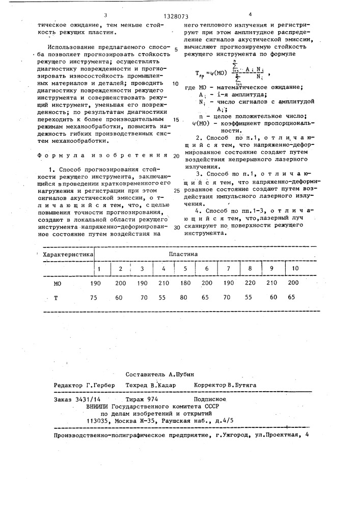 Способ прогнозирования стойкости режущего инструмента (патент 1328073)