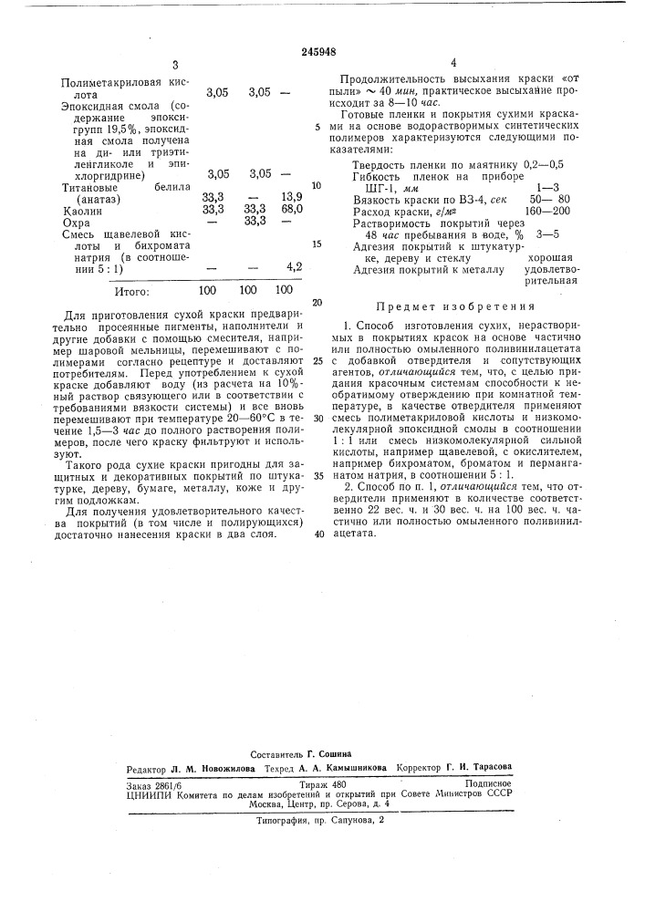 Способ изготовления сухих, нерастворимых в покрытиях красок (патент 245948)