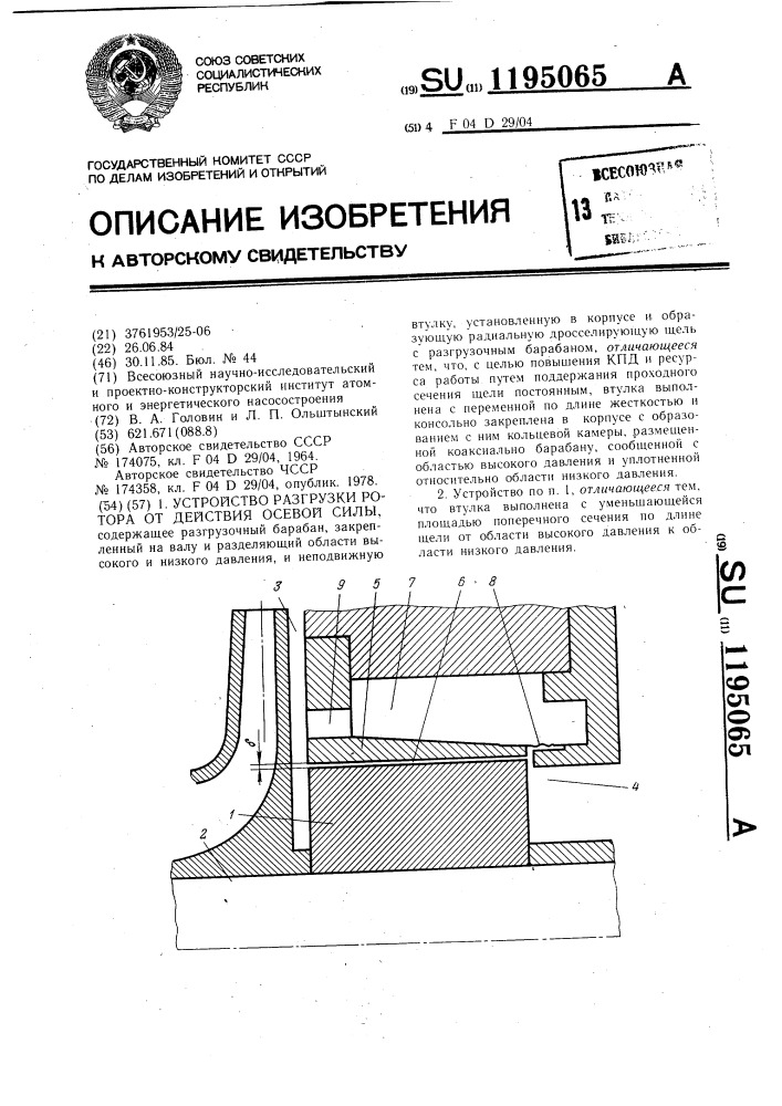 Устройство разгрузки ротора от действия осевой силы (патент 1195065)