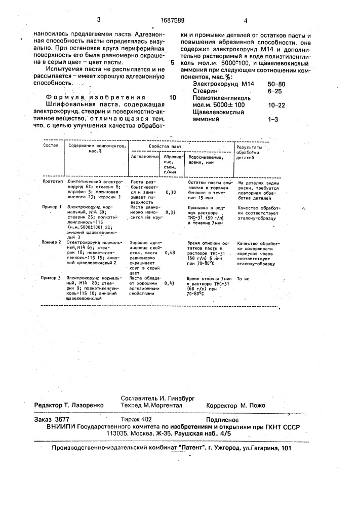 Шлифовальная паста (патент 1687589)