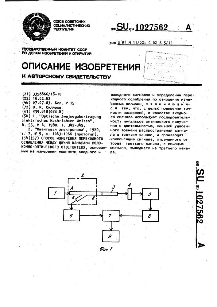 Способ измерения переходного ослабления между двумя каналами волоконно-оптического ответвителя (патент 1027562)