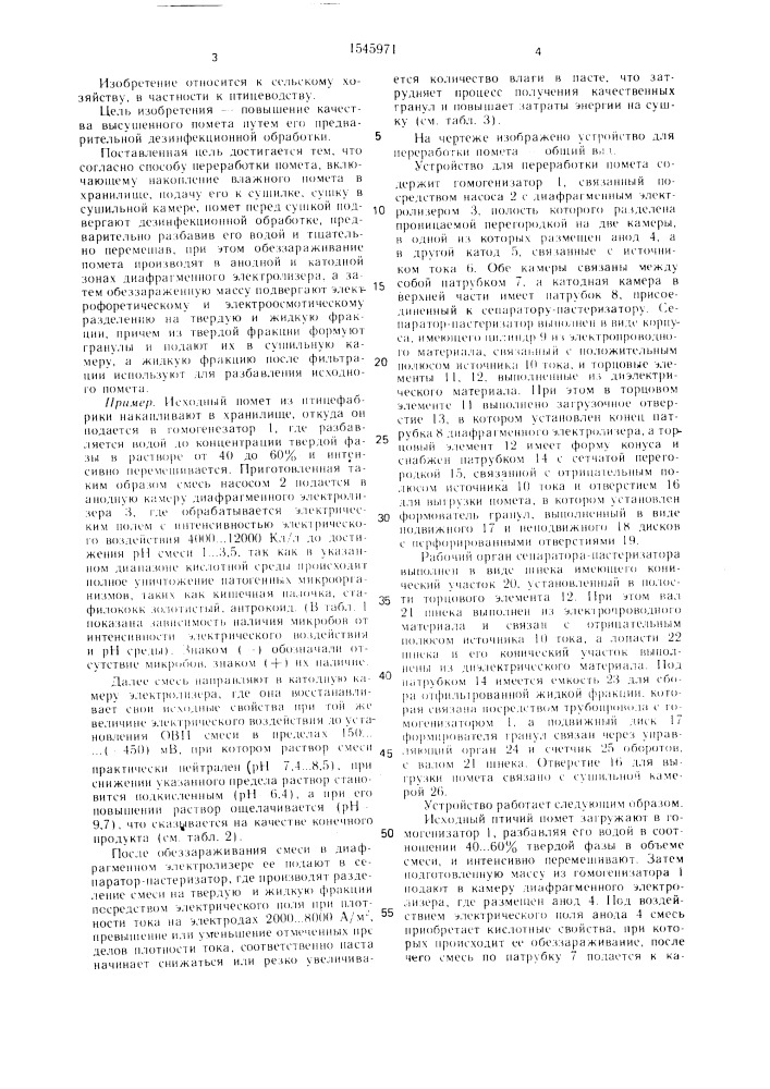 Способ переработки помета и устройство для его осуществления (патент 1545971)