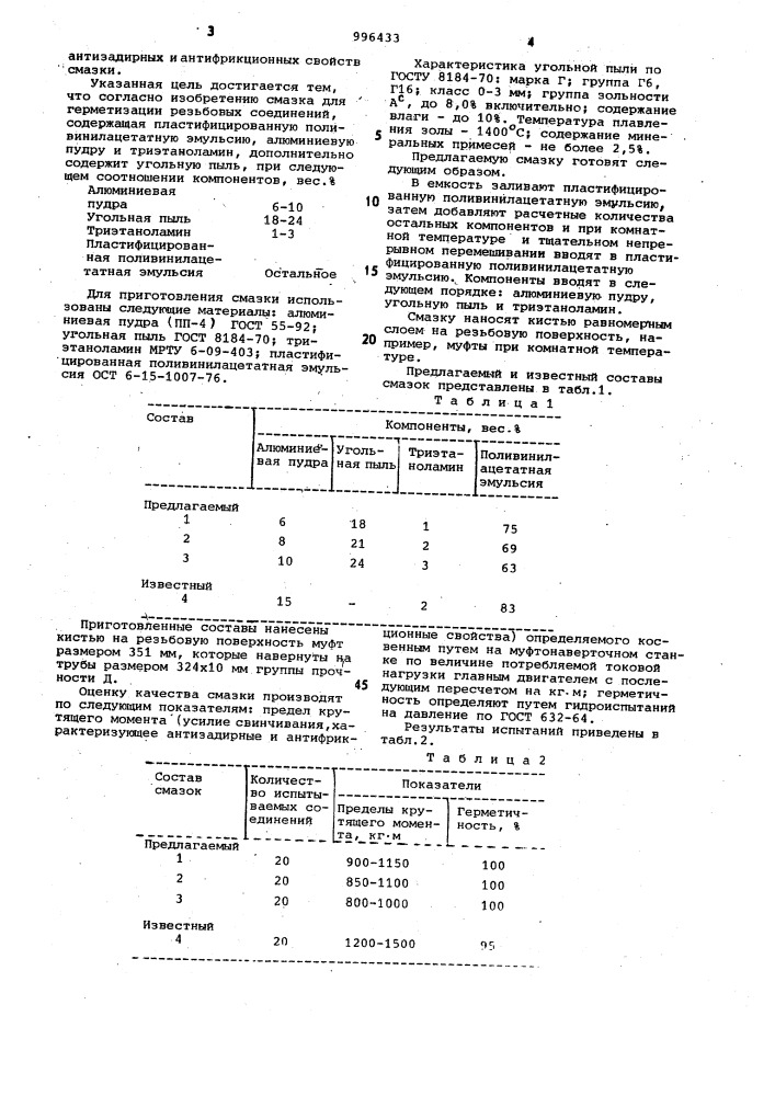 Смазка для герметизации резьбовых соединений (патент 996433)