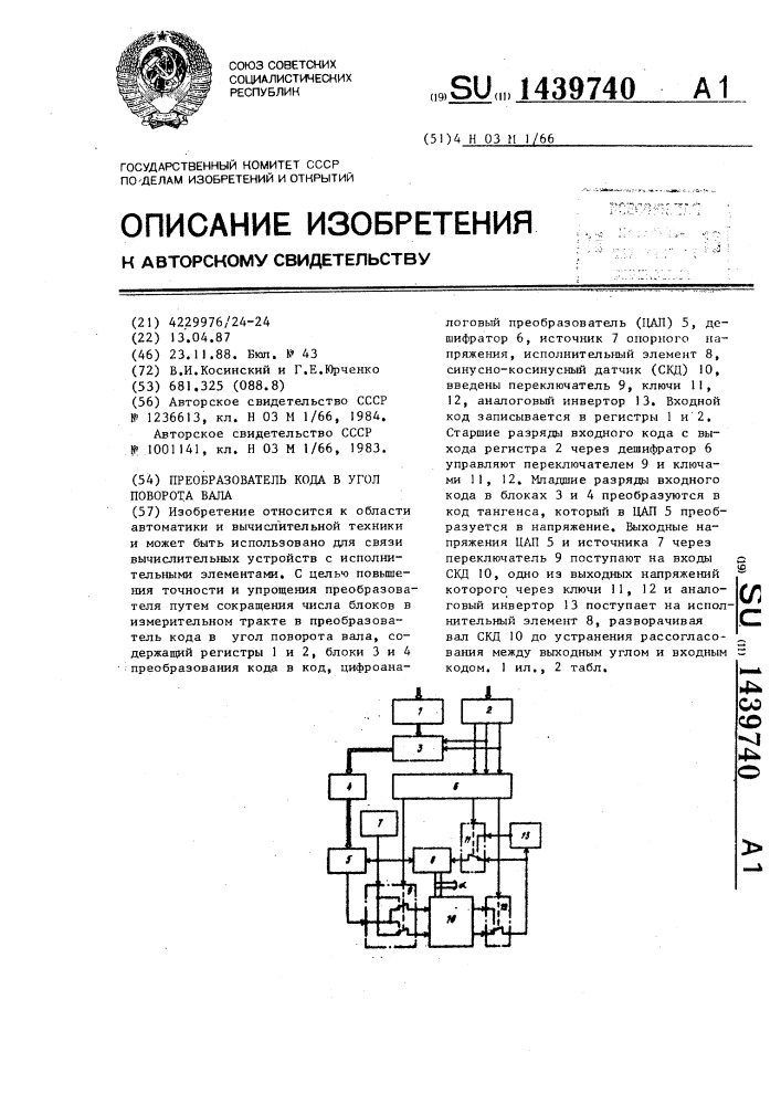 Преобразователь кода в угол поворота вала (патент 1439740)
