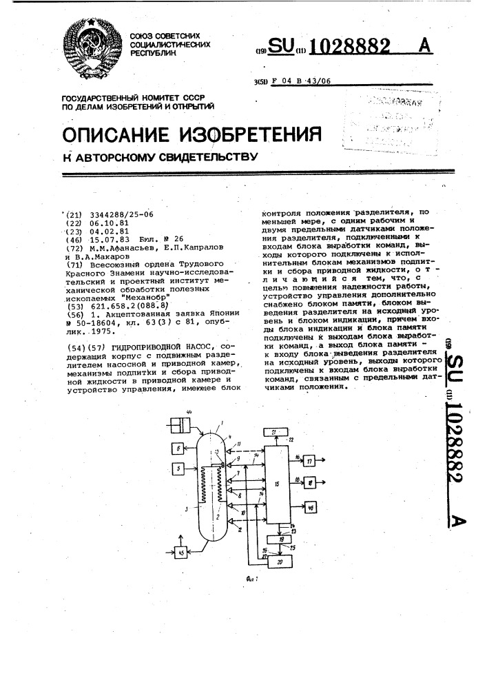 Гидроприводной насос (патент 1028882)