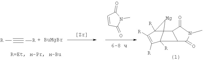 Способ получения 1,7,8,9-тетраалкил-4-метил-4-аза-10-магнезатрицикло[5.2.1.0 2,6]дец-8-ен-3,5-дионов (патент 2313529)