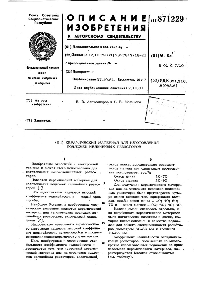 Керамический материал для изготовления подложек нелинейных резисторов (патент 871229)
