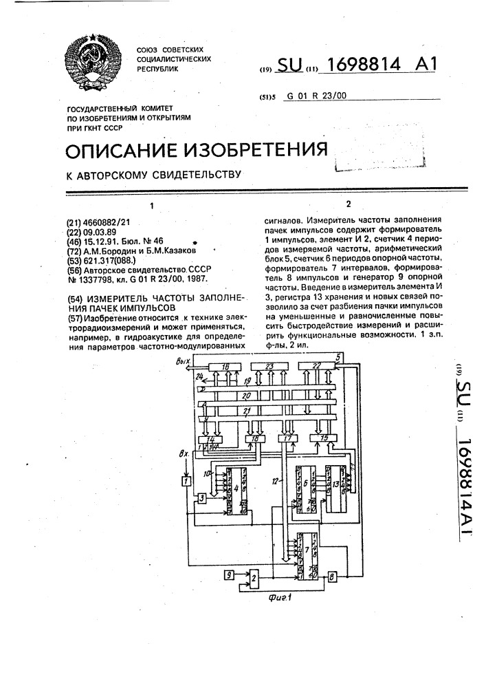 Измеритель частоты заполнения пачек импульсов (патент 1698814)