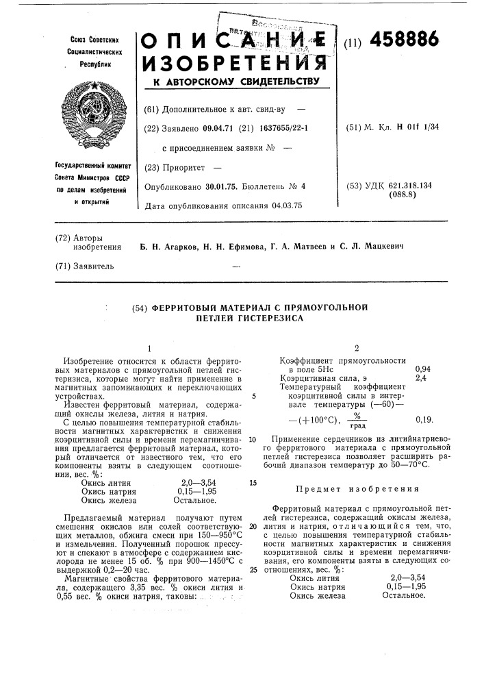 Ферритовый материал с прямоугольной петлей гистерезиса (патент 458886)