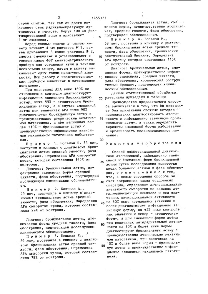 Способ дифференциальной диагностики атопической, инфекционно-зависимой и смешанной форм бронхиальной астмы (патент 1455321)