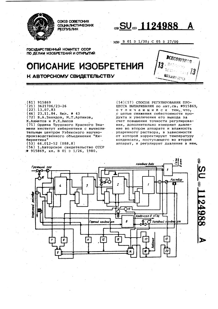 Способ регулирования процесса выпаривания (патент 1124988)