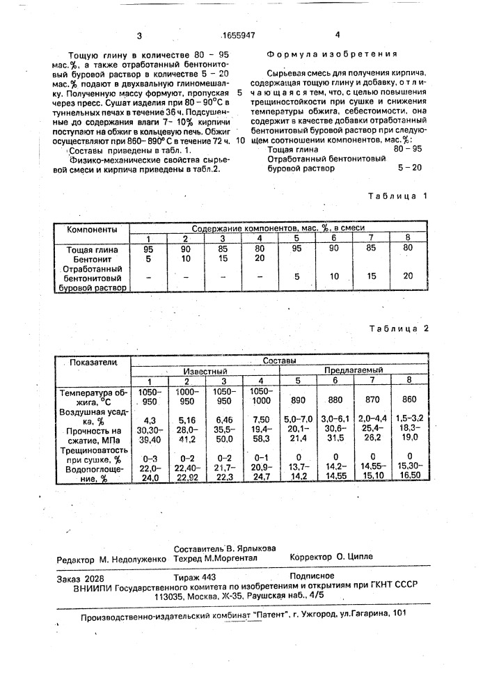 Сырьевая смесь для получения кирпича (патент 1655947)