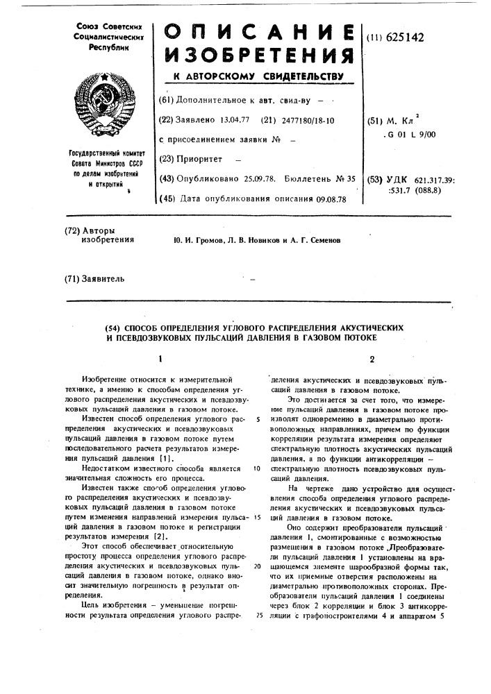 Способ определения углового распределения акустических и псевдозвуковых пульсаций давления в газовом потоке (патент 625142)