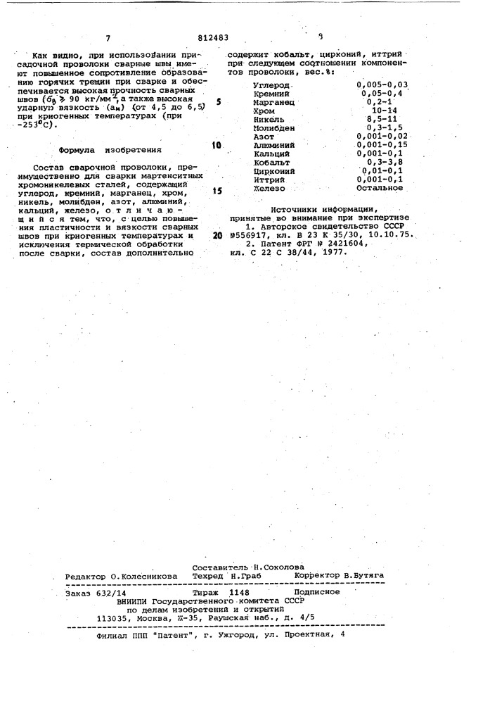 Состав сварочной проволоки (патент 812483)