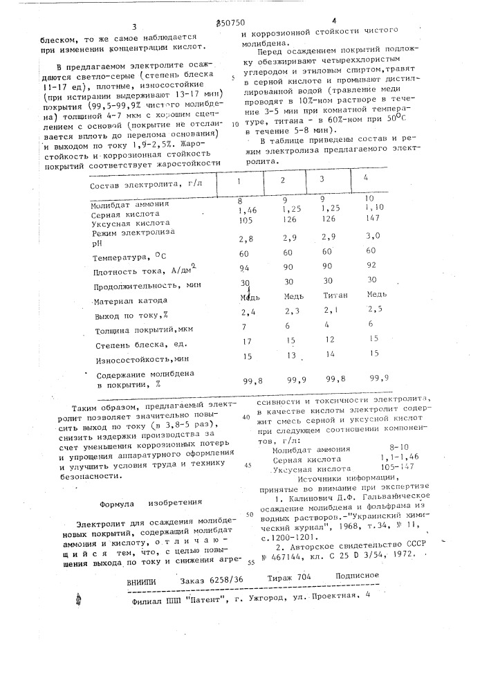 Электролит для осаждениямолибденовых покрытий (патент 850750)