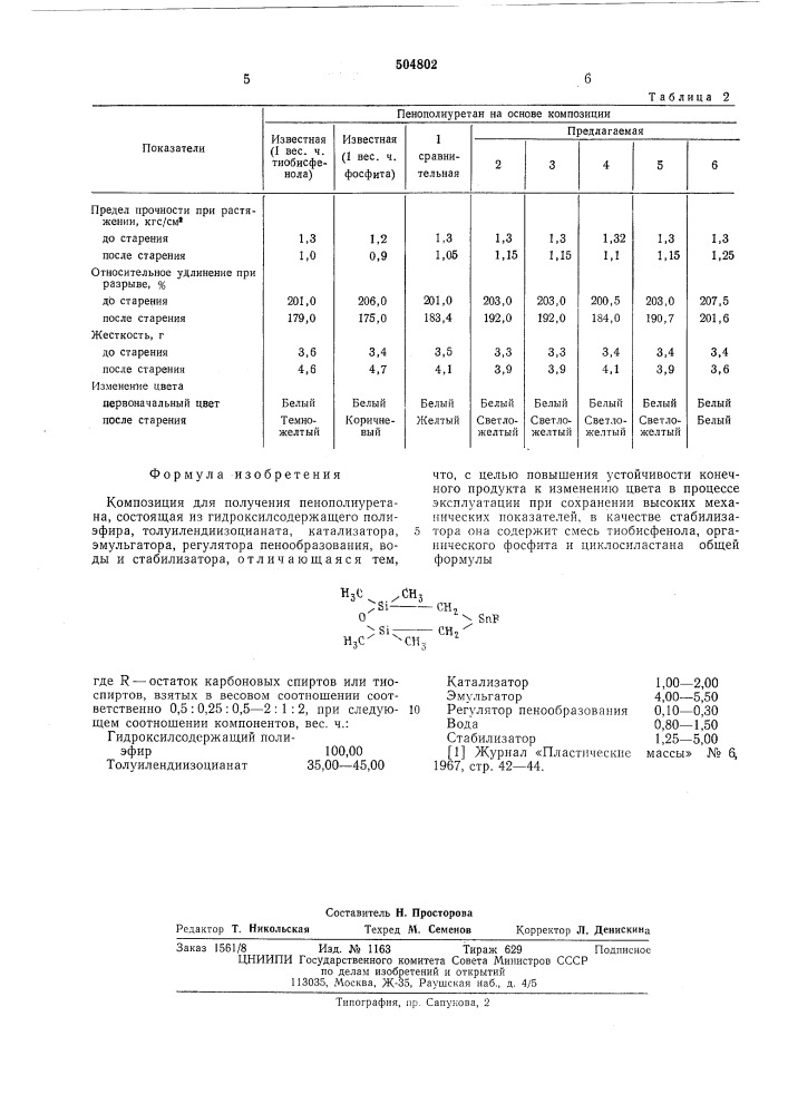 Композиция для получения пенополиуретана (патент 504802)