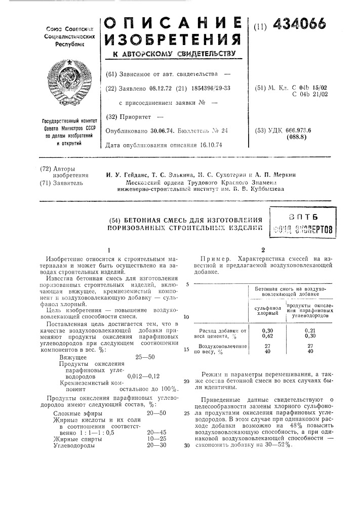 Бетонная смесь для изготовления поризованных строительных изделий3 птбc^i:ftn:u,! и f г г.ртов (патент 434066)