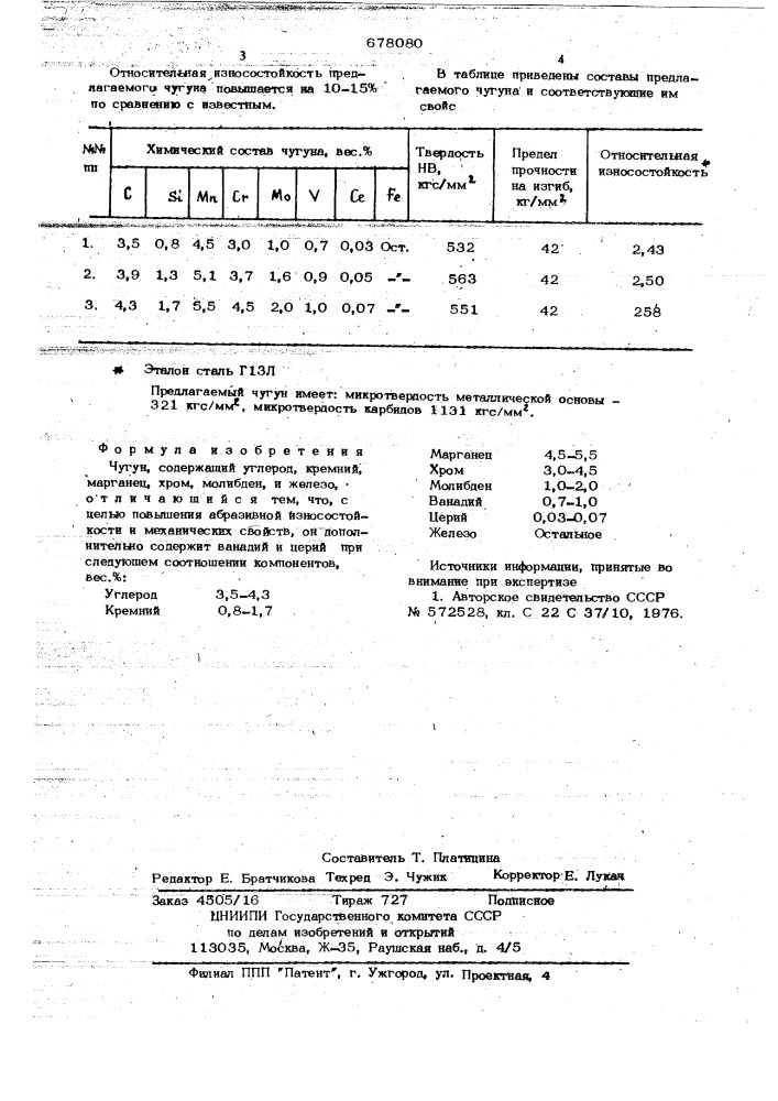 Чугун (патент 678080)