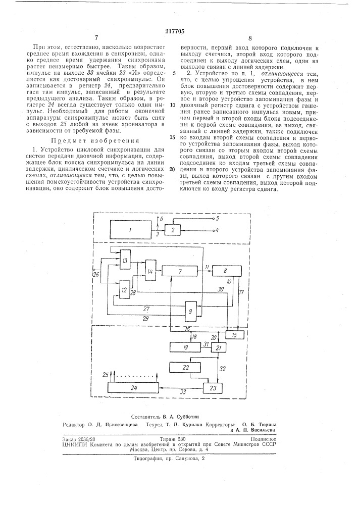 Устройство цикловой синхронизации (патент 217705)