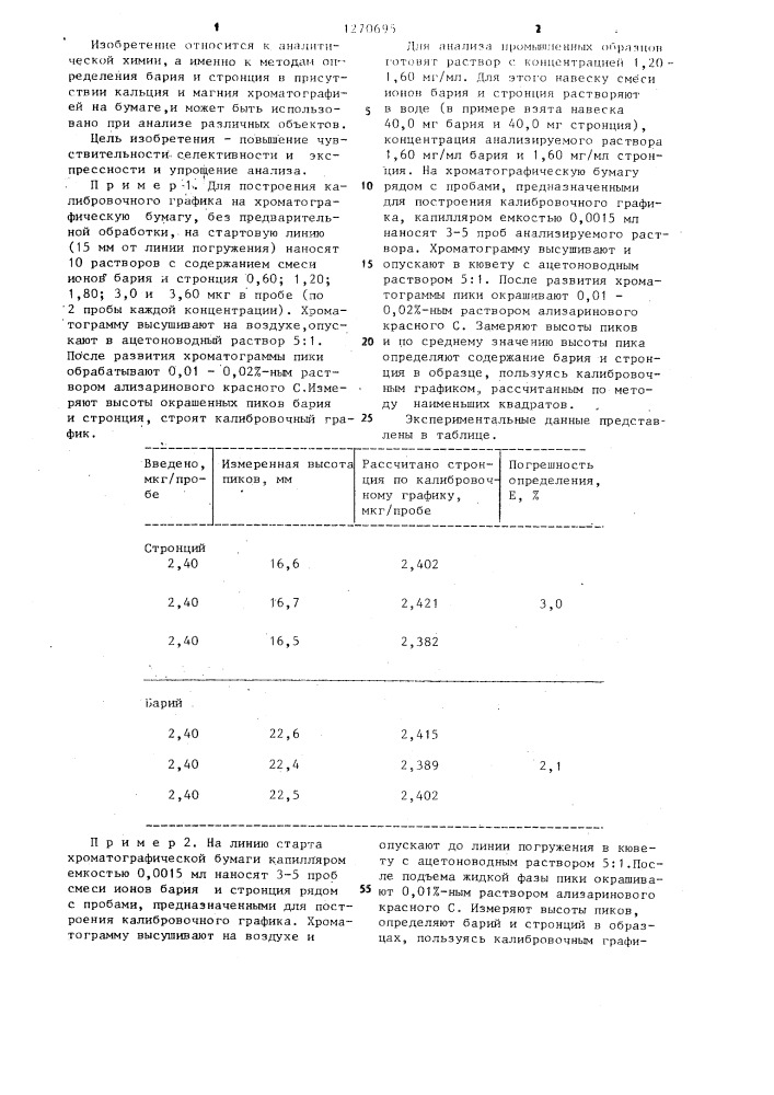 Способ определения бария и стронция хроматографией на бумаге (патент 1270695)