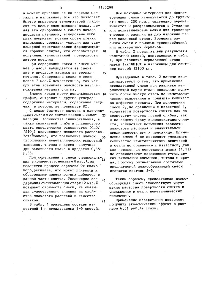Шлакообразующая смесь для разливки стали в изложницы (патент 1133299)