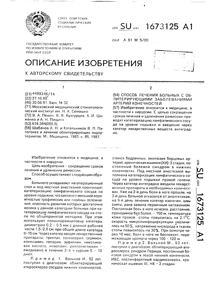 Способ лечения больных с облитерирующими заболеваниями артерий конечностей (патент 1673125)