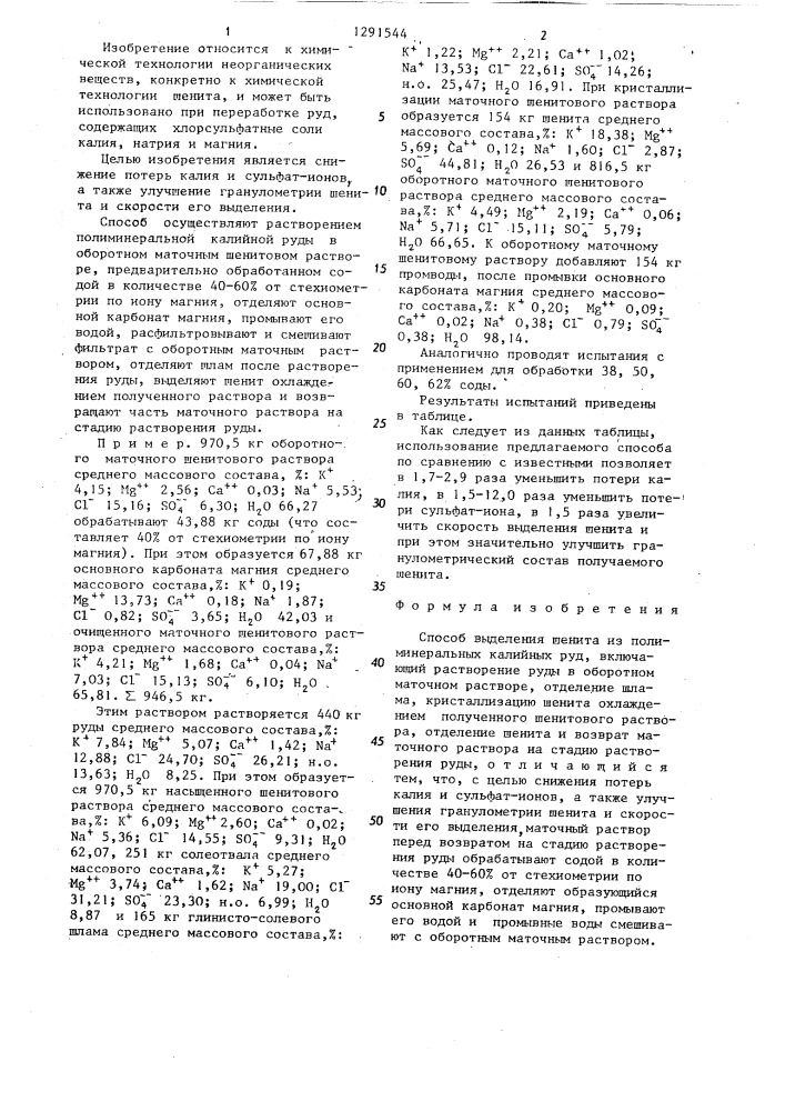 Способ выделения шенита из полиминеральных калийных руд (патент 1291544)