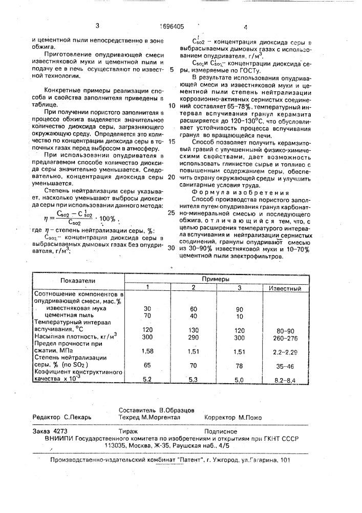 Способ производства пористого заполнителя (патент 1696405)