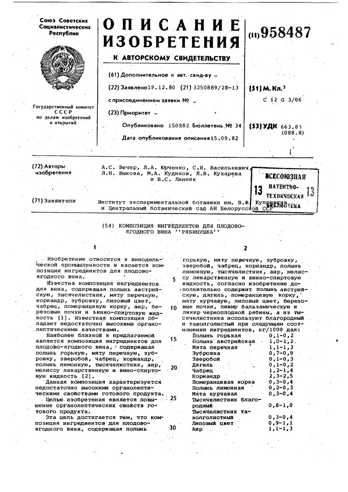 Композиция ингредиентов для плодово-ягодного вина "рябинушка (патент 958487)