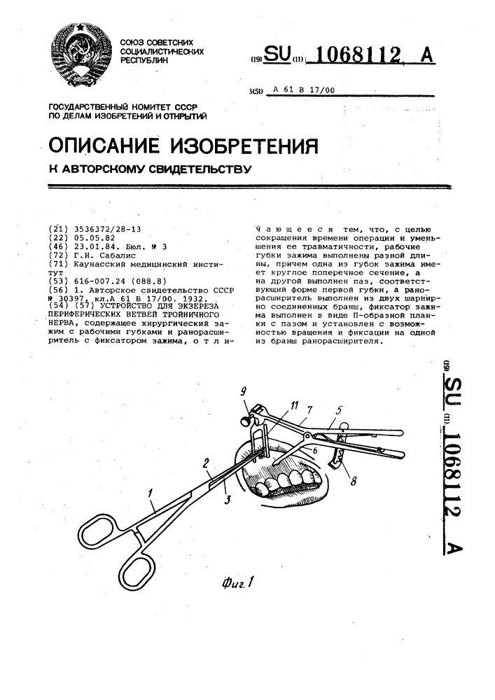 Устройство для экзереза периферических ветвей тройничного нерва (патент 1068112)