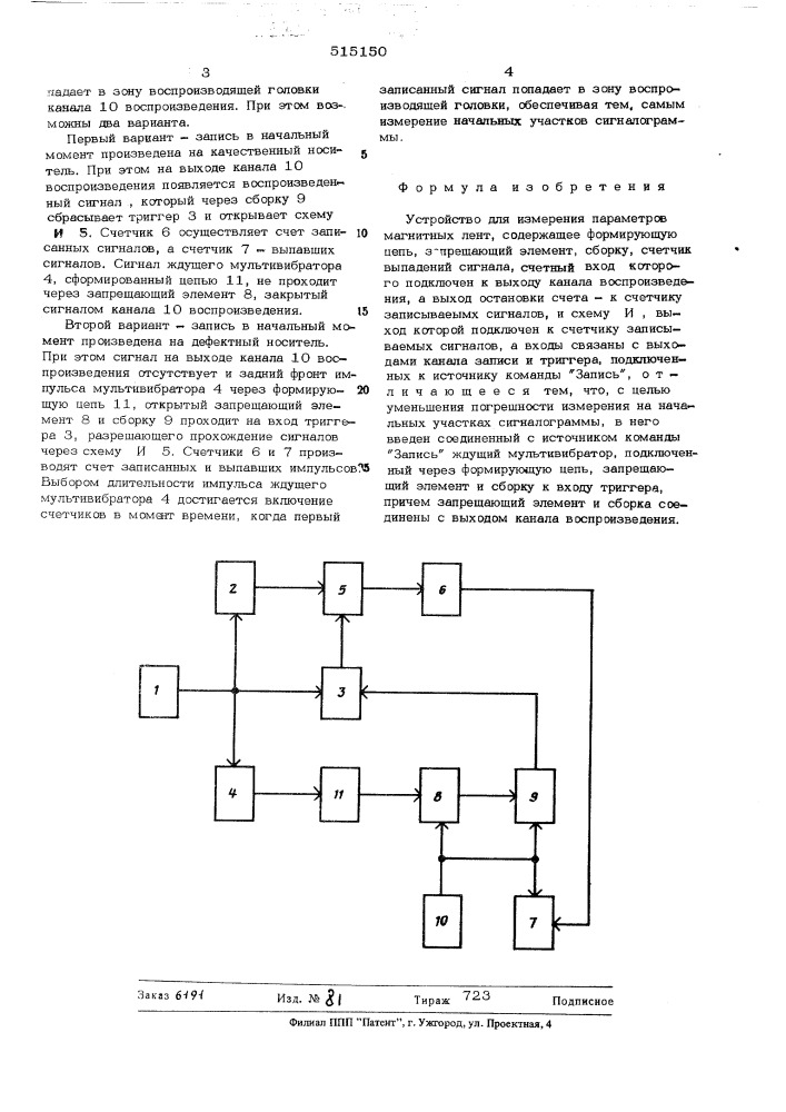 Устройство для измерения параметров магнитных лент (патент 515150)